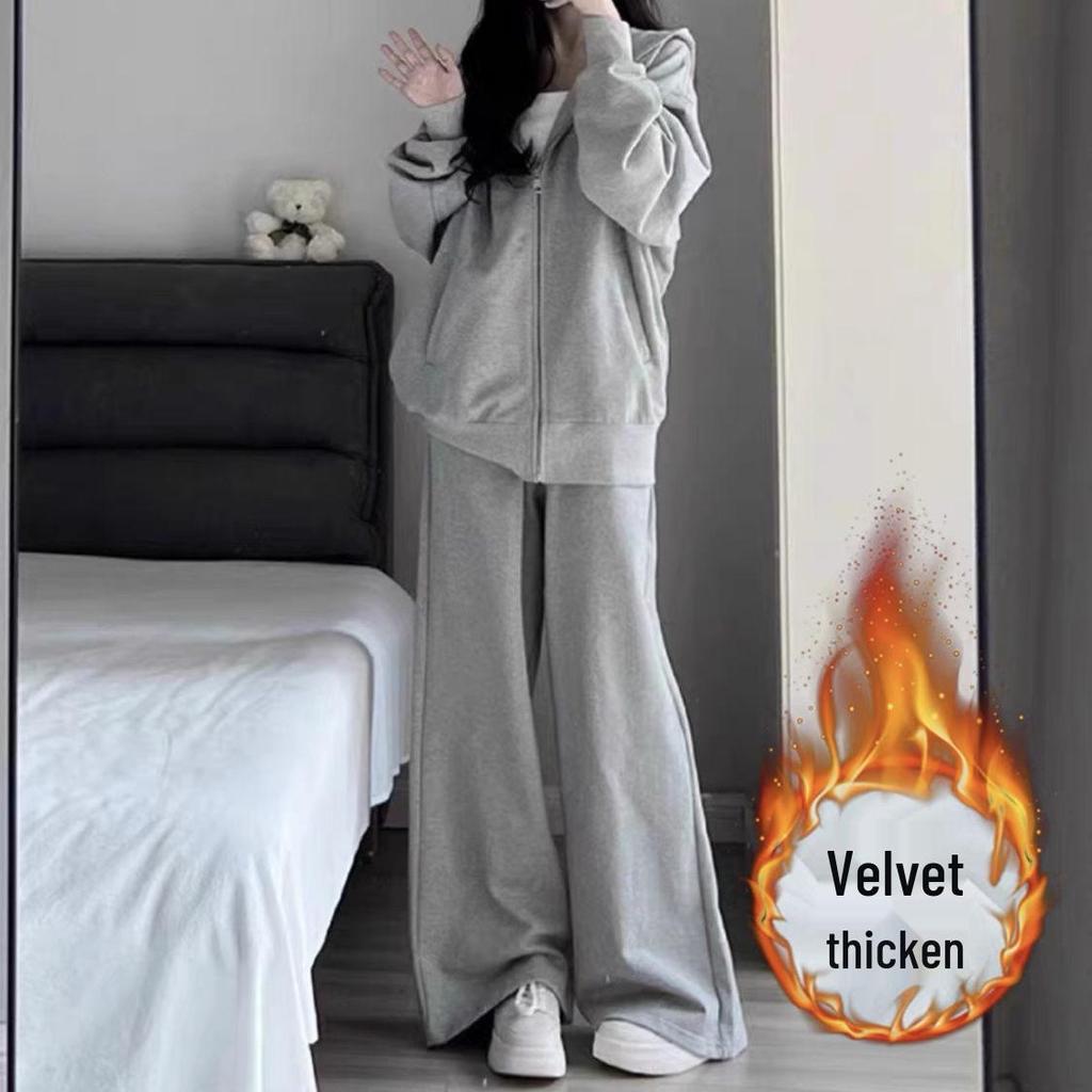 Grey Student Casual Hoodie and Cardigan Set: Trendy Two-Piece Sportswear
