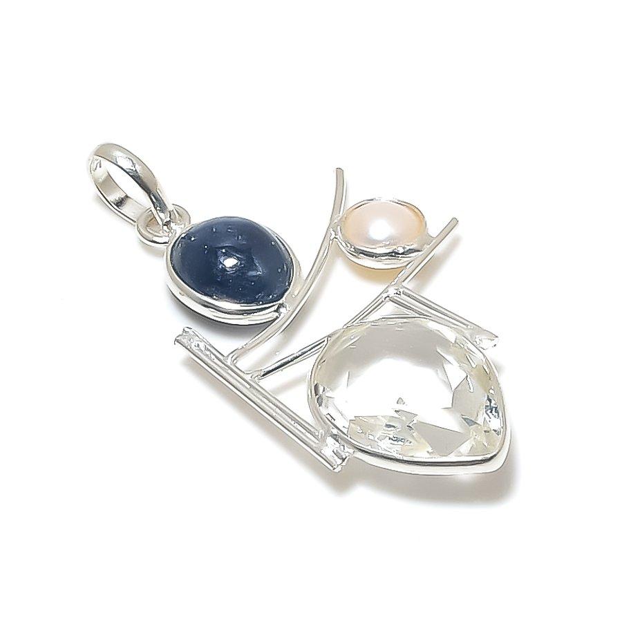 

White Topaz, Pearl Gemstone 925 Sterling Silver Jewelry Pendant 1.85 GK-6996