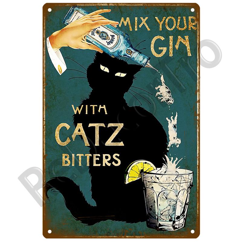 Retro Black Cat Metal Vintage Poster Funny Dog Wall Art Pet Sign Cafe Mural Plaque Metal Sign Tin Sign Plate Bathroom Home Decor