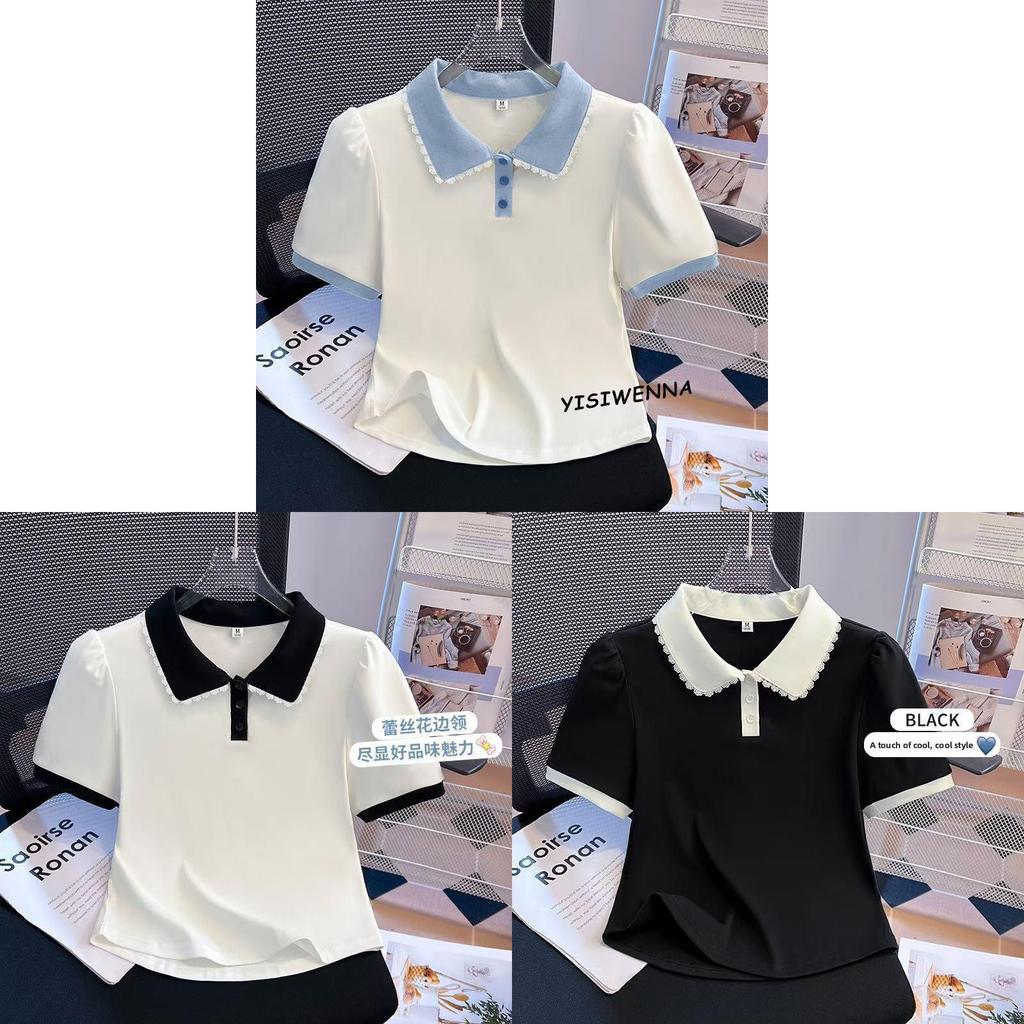 Summer Short Sleeve T Shirt For Women With Doll Collar And Spliced Fabric For Casual Wear