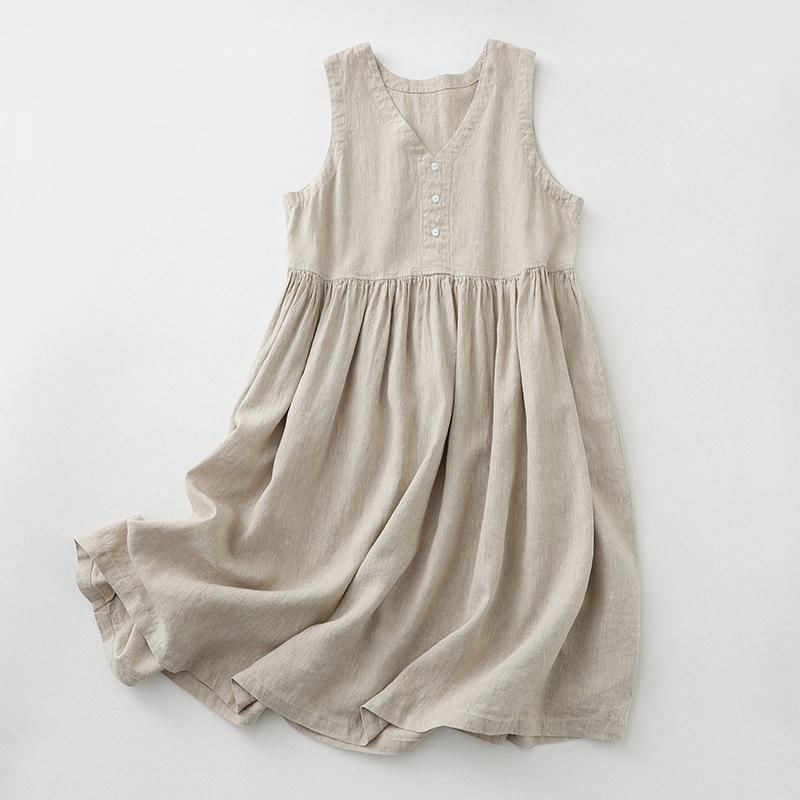 

Women s Cotton Linen Sleeveless Dress Casual V Neck Button Down Loose Midi Dresses for Summer Women s Casual Dresses XS бежевый