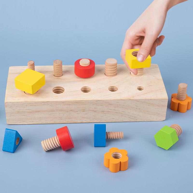 Wooden Screw Matching Puzzle Board - Fun Geometric Color Recognition Cognitive Toy With Mixed Color Blocks - Natural Wood Design