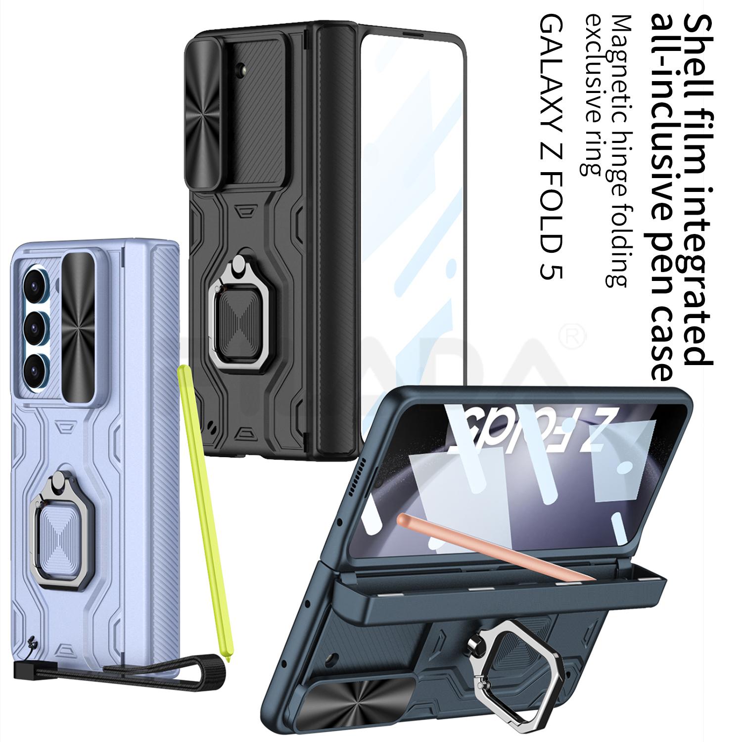 

Чехол для Samsung Galaxy Z Fold 5, матовый чехол для объектива с окном, кольцевой кронштейн, магнитный складной шарнир, закаленная пленка, противоударный чехол