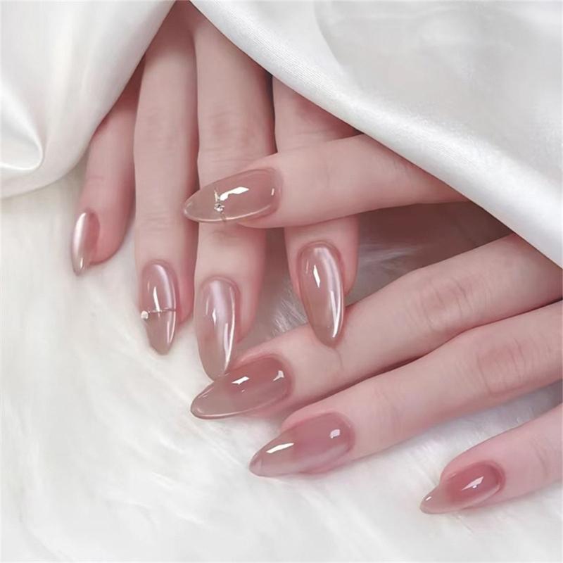 24 Pcs Glossy Full Cover Stick On Nail Almond Shape False Nail Simple Press On Nail Rhinestones Artificial Nail