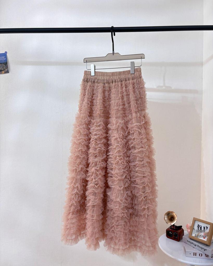 Sweet Apricot Embroidered Mesh Ruffle Midi Skirt - Fluffy, Layered and Versatile for Autumn/Winter