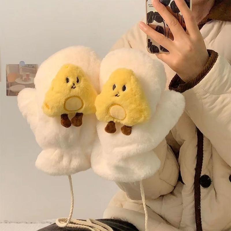 

New winter cartoon cute plush gloves outdoor winter warm plush thickened neck riding gloves One size