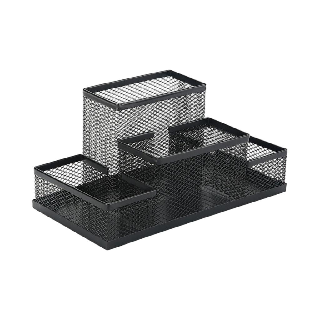 Multi Compartment Metal Mesh Desk Organizer Pen Holder with Hollow Design for Office Desktop Storage and Stationery Arrangement
