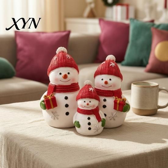 Resin Snowman Decoration Christmas Figurine, Cute Family of 3 Statue with Santa Mini Figurine Hat, Red Scarf, Holiday Tabletop Ornament for