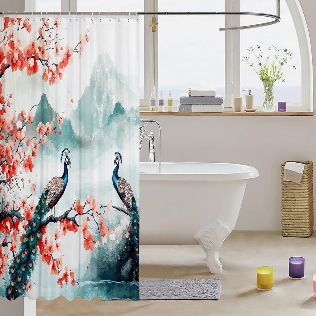 Japanese Style Bathroom Curtain Cherry BlossomShower Curtain for Girls Teen Women,Watercolor Mount Fuji Sakura Animal Aesthetics