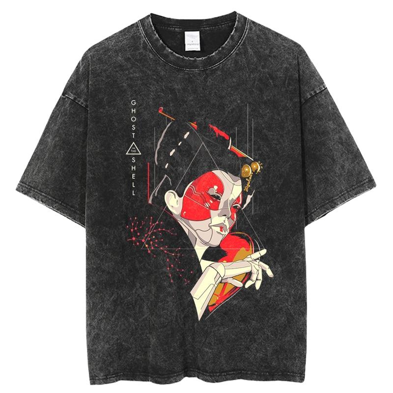 Modisches Ghost in the Shell Anime-T-Shirt mit verwaschenem O-Ausschnitt und kurzen Ärmeln für Damen, Schwarz, übergroß, lässig, Hip-Hop-Top
