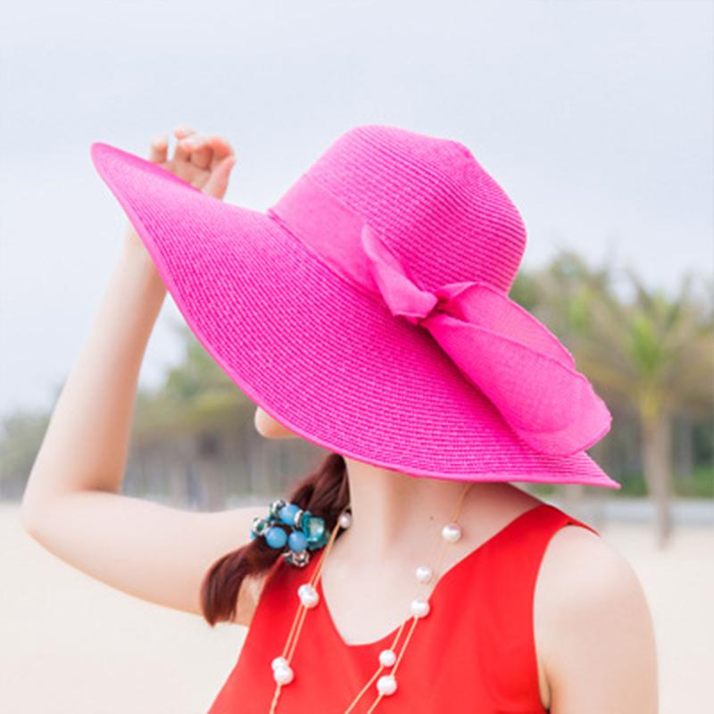 Summer Women Big Brim Straw Bow Hat Sun Fashion Wide Brim Floppy Panama Cap Outdoor Foldable Uv Protect Travel Femme Beach Hats