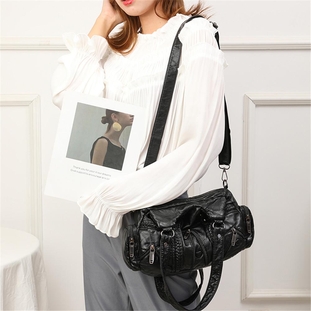 Women All Season Fashion Washed PU Leather Women's Shoulder Bag Fashion Design Button Rivet Weave Crossbody Bag Vintage Handbag Female Travel Totes