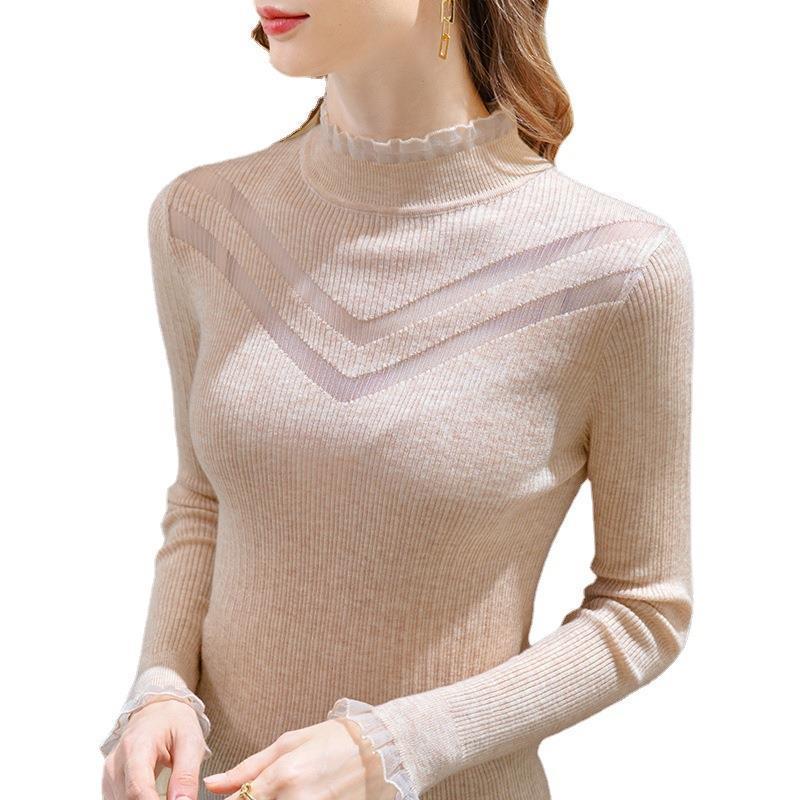 Half High Collar Base Shirt with Lace Patchwork Top On Top Sweater