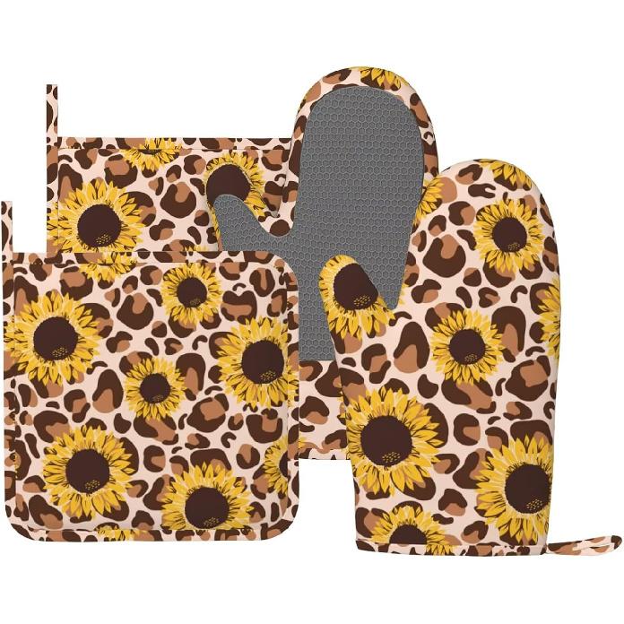 Botanical Print Floral Oven Mitts and Pot Holders Set of 4 Silicone Black Sage Green Botanical Print Kitchen Mitten Gloves and Farmhouse Potholders
