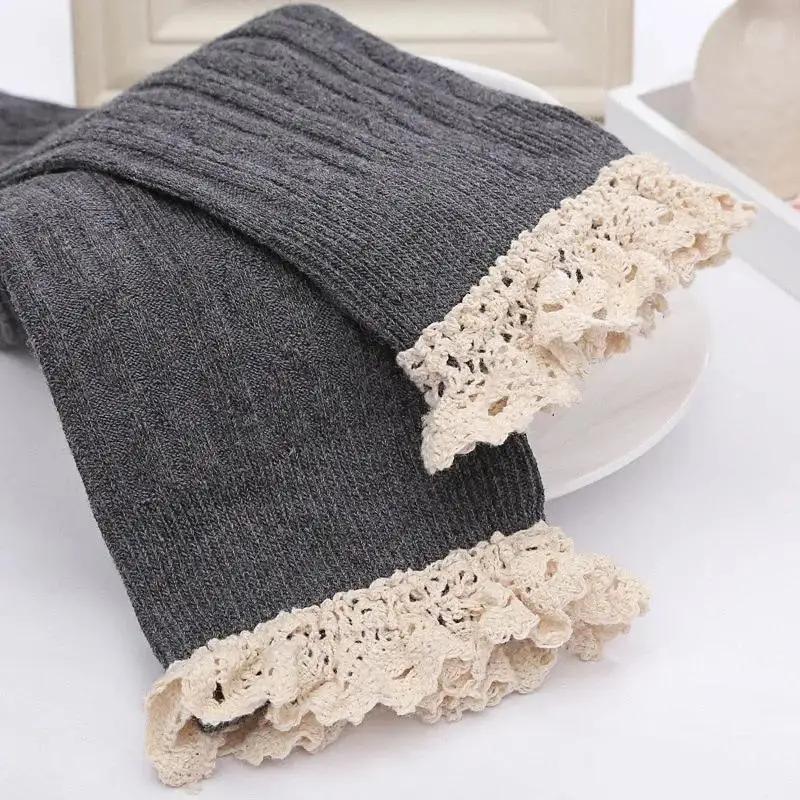 Women Fashionable Solid Color Warm Cotton Thigh High Long Stockings Knit Over Knee Lace Girls Socks Accessories Creative Gifts