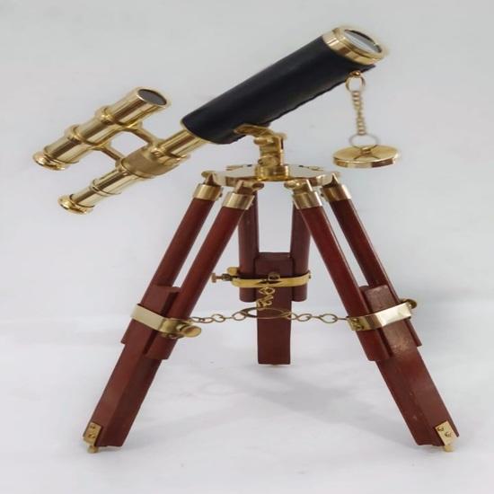 Brass Double Barrel Telescope 38.1 cm Nautical Decor with Wooden Tripod Ideal for Home, Office, Study, Library Birthday Gift
