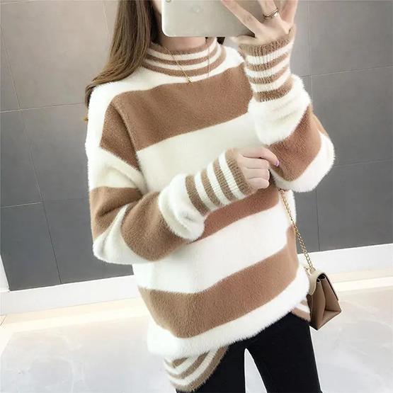WTEMPO Autumn Winter Imitation Mink Half High Collar Thick Warm Pullover Sweaters Women Large Size Versatile Stretchy Striped Sweaters
