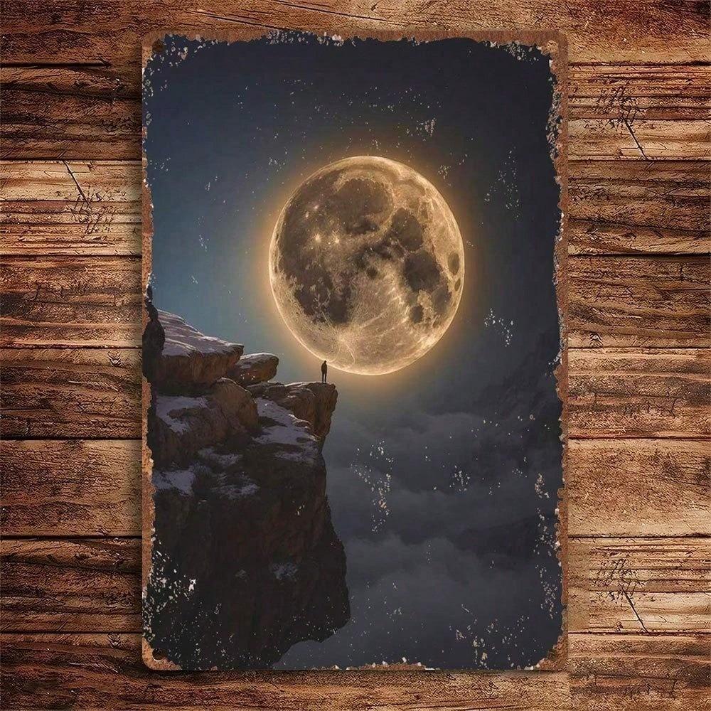 1pc Vintage Moonlit Mountain Tin Sign, Rustic Snowy Cliff Full Moon Wall Art, Retro Decor for Bedroom Cafe Pub