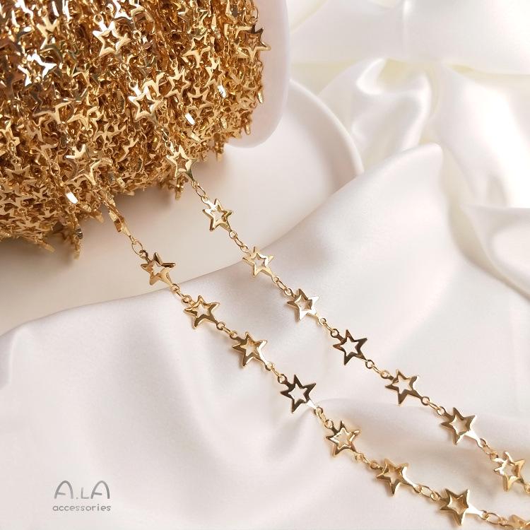 14K Gold Korean Handmade Copper Chain Bag with Star, Heart, Rhombus, and Four-Leaf Clover Charms for DIY Jewelry.