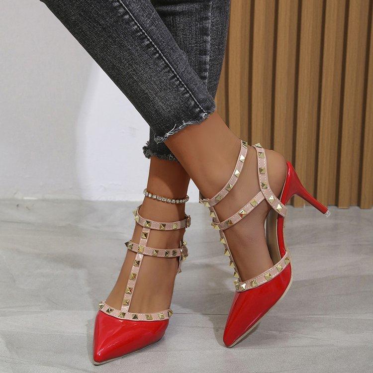 Size 35-43, Large Size Women's Shoes Summer Pointed Rivets Stiletto Sandals Women's Korean Version One-word Buckle Fashion Roman Shoes 42
