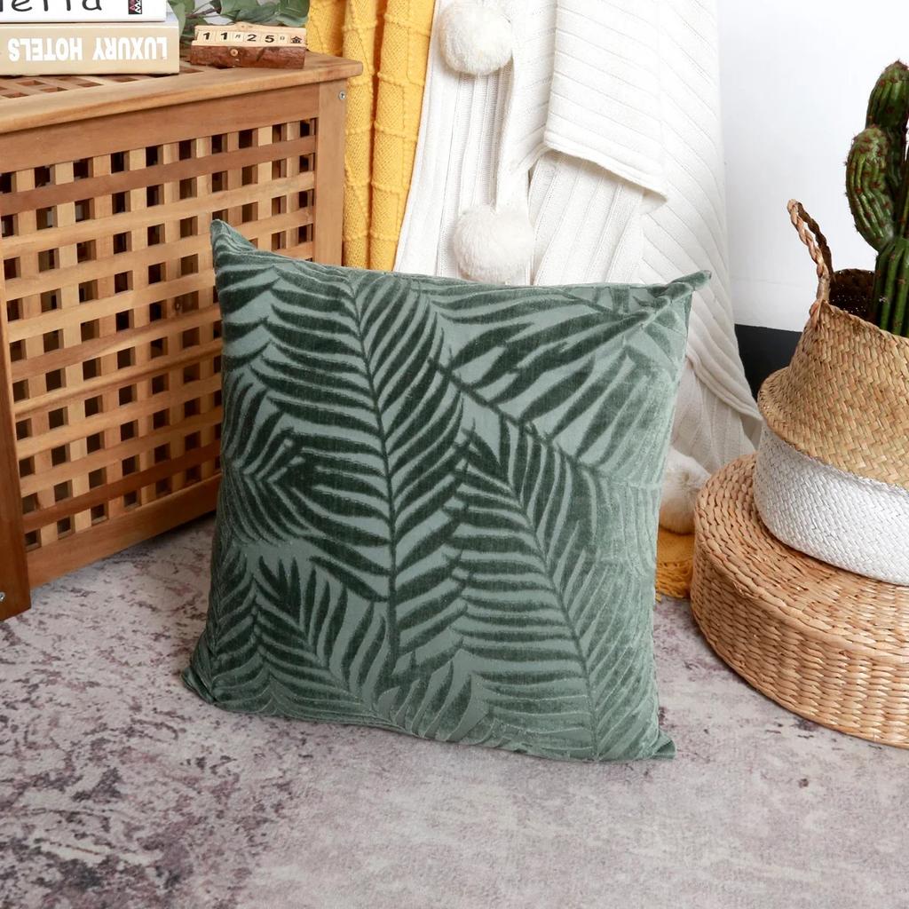 1Pc Velvet Leaf Throw Pillow Covers, Modern Square Decorative Pillowcase, Neutral Palm Cushion Case for Sofa Couch 18 x 18 Inch