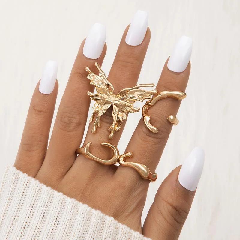 Fashion Niche Geometric Butterfly Ring Set for Women Irregular Wave Metal Finger Decoration for Girls High-end Jewelry Gifts