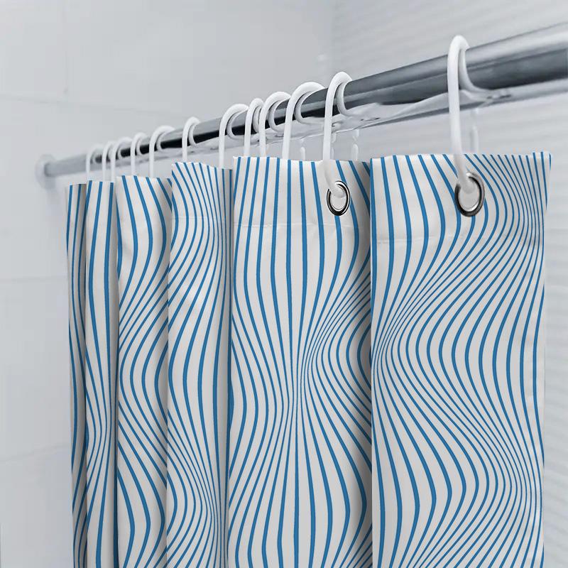 Blue Striped Shower Curtain Modern Bathroom Decor With Wave Design For Bathtub Cover – Water-Resistant Fabric Bathrooms Accessor