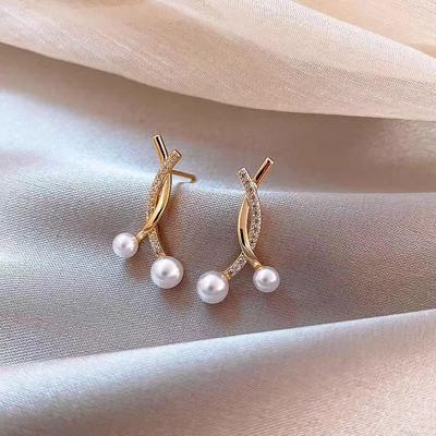 Korean Fashion Exquisite Basic Cross Geometric Simulated Pearl Earrings Simple Elegant Goddess Stud Earrings Prevent Allergy
