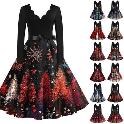 Vestido feminino estampado de natal com decote em V e bainha grande, vestido de manga comprida