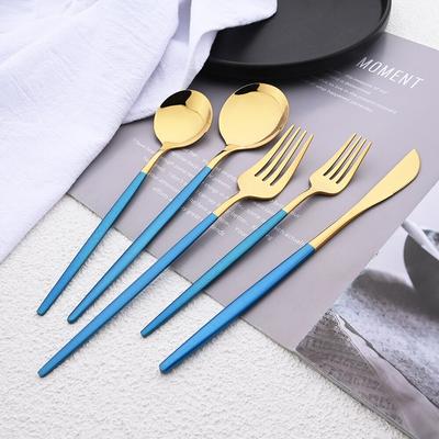 Blue Gold 5Pcs Dinnerware Set Silverware Flatware Knife Dessert Fork Spoon Stainless Steel Tableware Cutlery Set Protable Eating Utensils