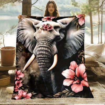1pc Elephant & Floral Design Flannel Throw Blanket - Lightweight Soft Warm All-Season Polyester Blanket for Sofa, Camping,