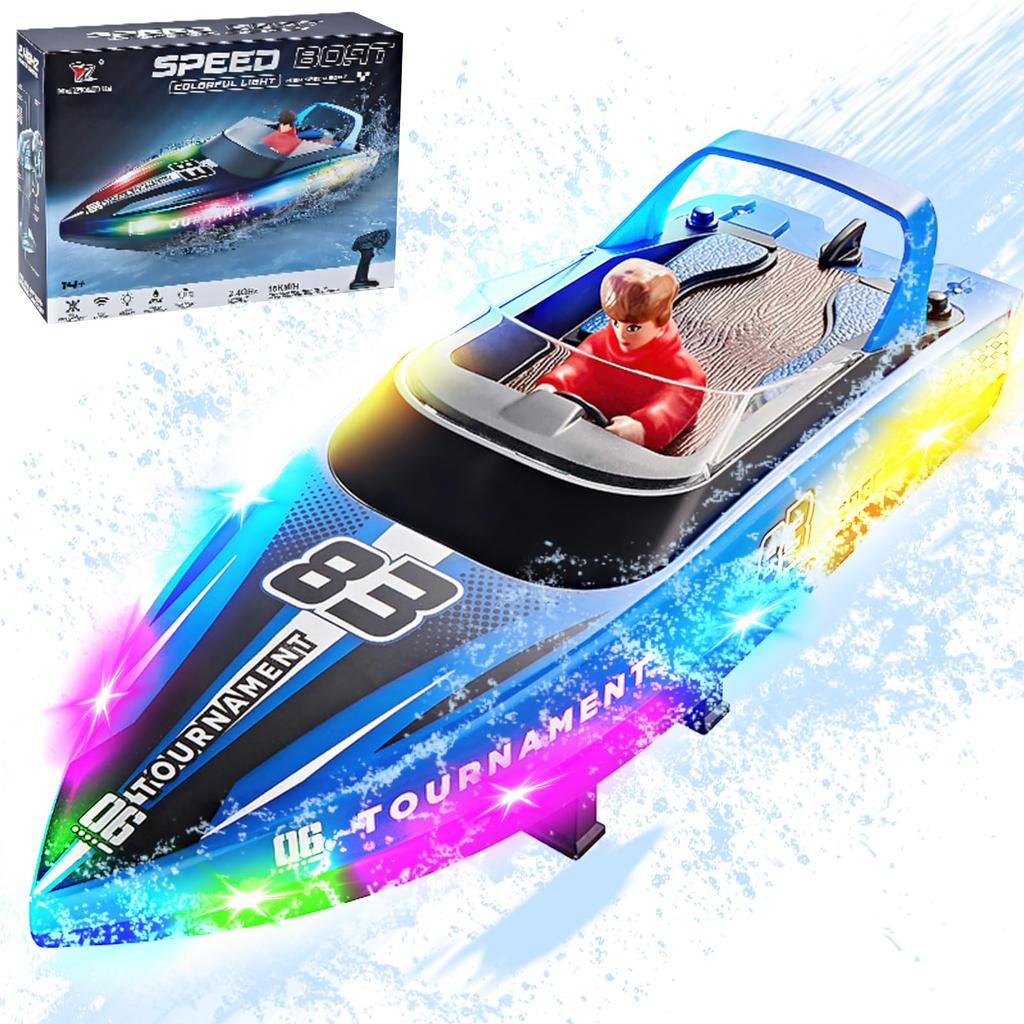 HUAJUN RC Boat Toy with Remote Remote LED Free Speed Low Power Warning Water Release Waterproof 1200mAh Perfect Gift for Boys and Kids Doll, Control,