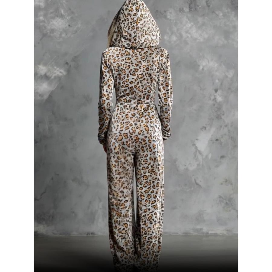 New Leopard Print Faux Fur Wide Leg Jumpsuit with Hat