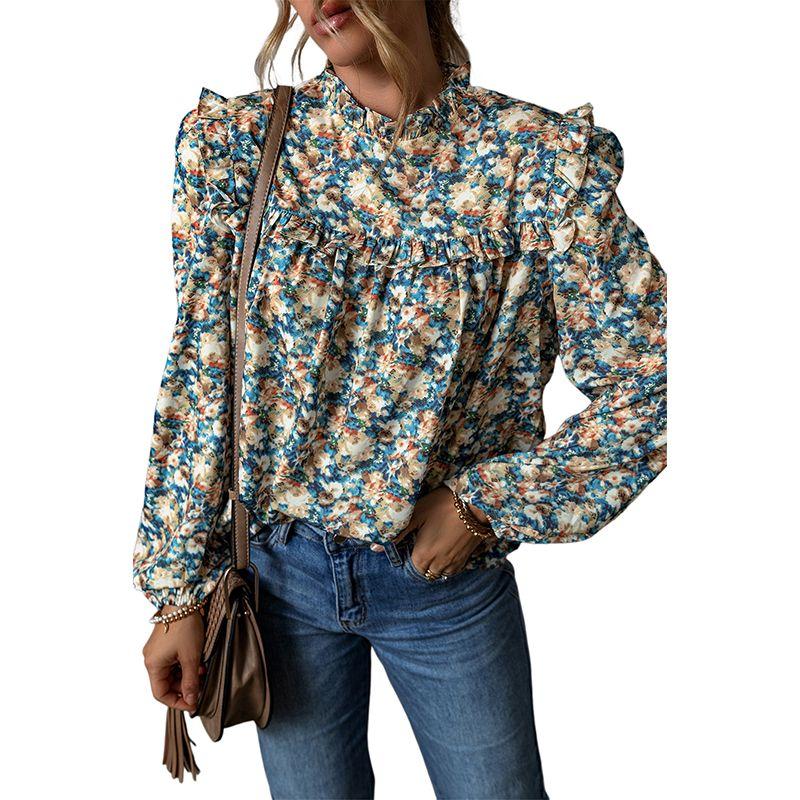 

European and American Style Fresh Florals Print Chiffon Shirt for Women 2025 Autumn Thin Pleating Ruffles Stand-up Collar Long Sleeve Shirt Light blue XL code fits (70.00 kg-75.00 kg