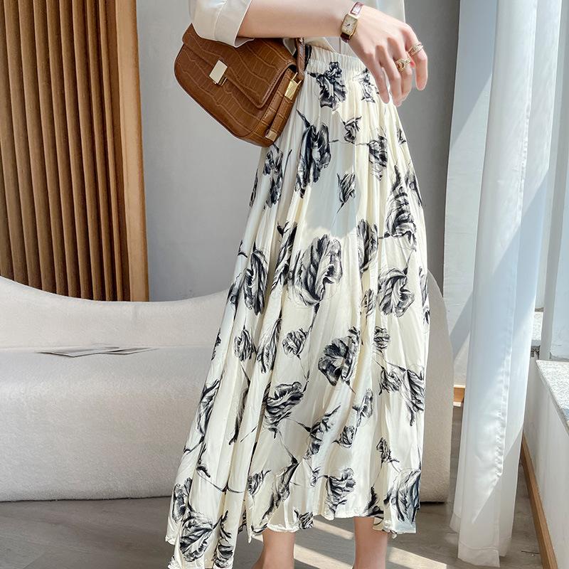 Satin Rose Skirt Summer New Style Loose Hip Cover Big Long Skirt High Waist A-line Skirt