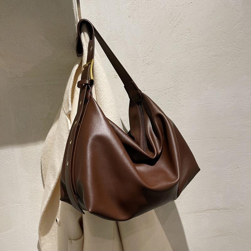 Bag Women's Niche Retro Texture Messenger Bag Wide Shoulder Strap Large Capacity Solid Color Casual Soft Collapsed Shoulder
