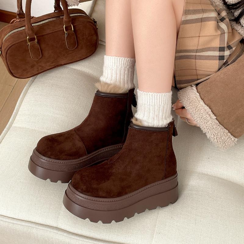 Vintage Fur Lining Women Snow Boots Comfort Platform Thick Sole Keep Warm Cotton Short Booties Winter Women's Plush Shoes