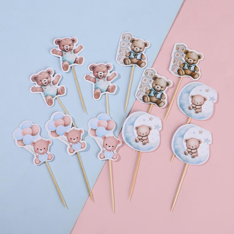12/24Pcs Cartoon Bear Cupcake Toppers for Kids Baby Boy Girl 1st Birthday Party Cake DIY Decoration Blue Pink Baby Shower Favors