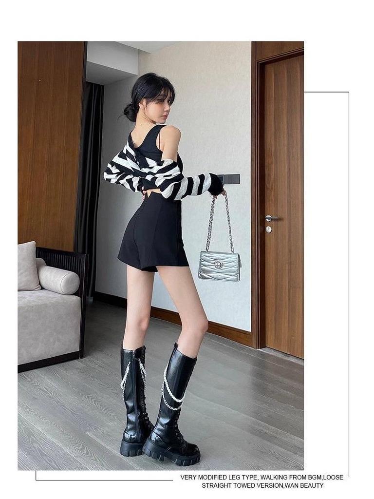 Black Women's High-Waisted A-Line Shorts - 2026 Trendy Spring/Summer Elastic Casual Wide-Leg Hot Pants