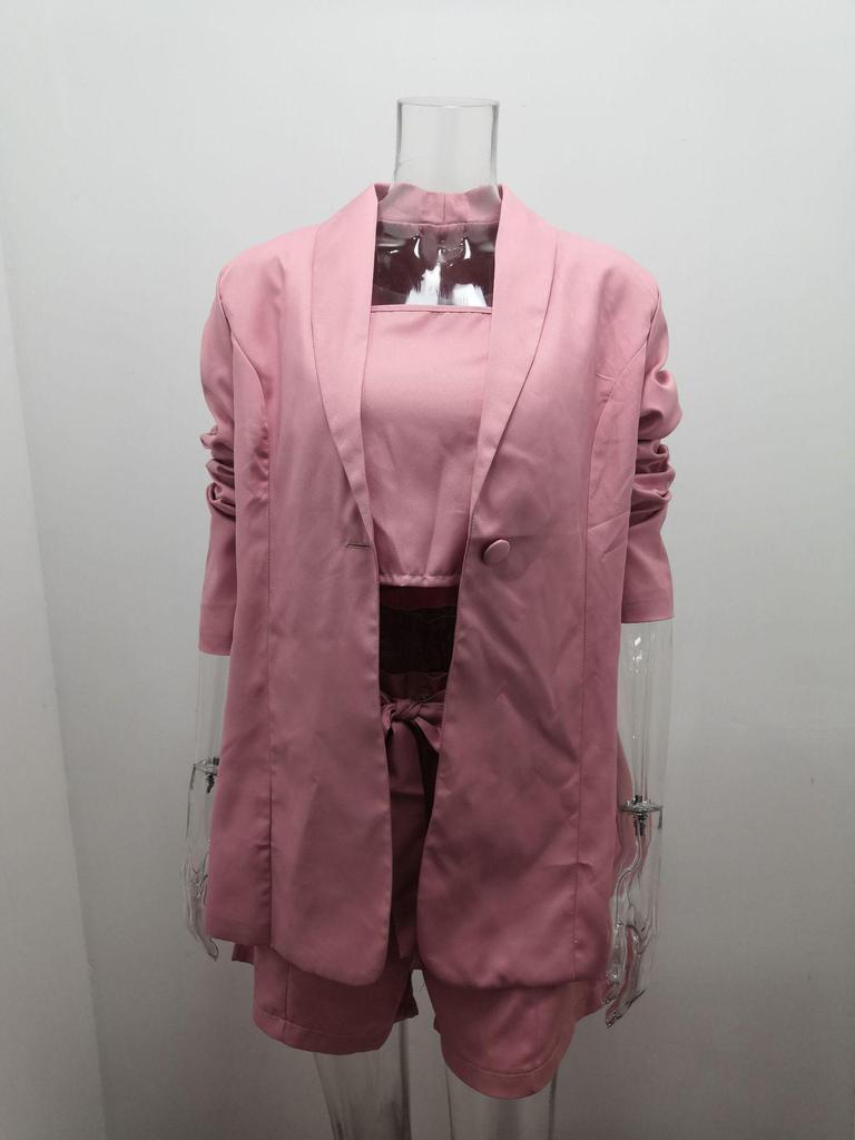 2024 Spring/Summer Women's Solid Color Three-Piece Set: Tank Top, Blazer, High Waist Shorts