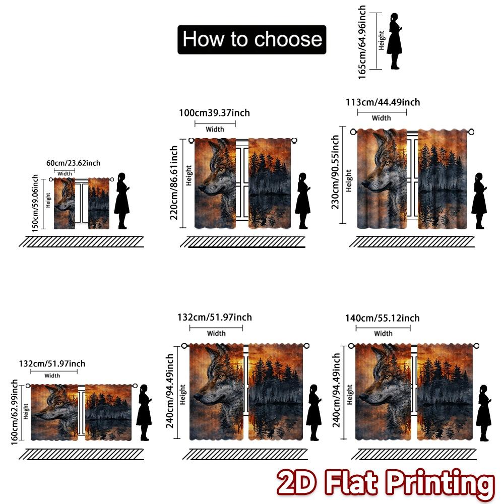 2D FLAT PRINTING 2pcs Curtains (Without Rod) Wolf and Forest Sunset Chic Curtains Digital Printed Yarn Curtains Art Deco Festive