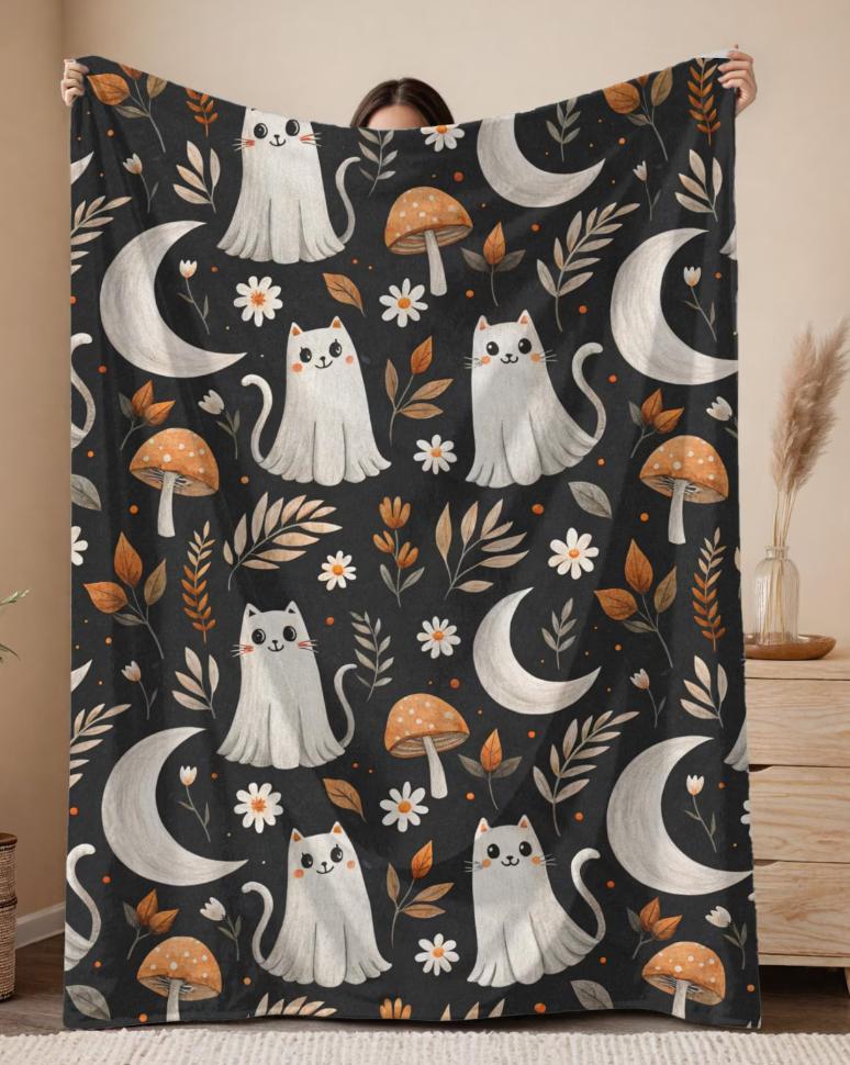 Halloween Patchwork Quilt Blanket, Autumn Bats Leaves Throw Cozy Fall Cottagecore Blanket, Rustic Harvest Halloween Decor Gift