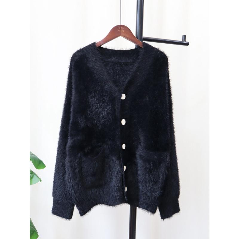 Imitation mink velvet knitted cardigan women's loose V-neck versatile solid color autumn and winter new sweater jacket thick