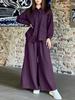 Women's Long Sleeve Button Front Shirt and Wide Leg Pants Set in 7 Colors