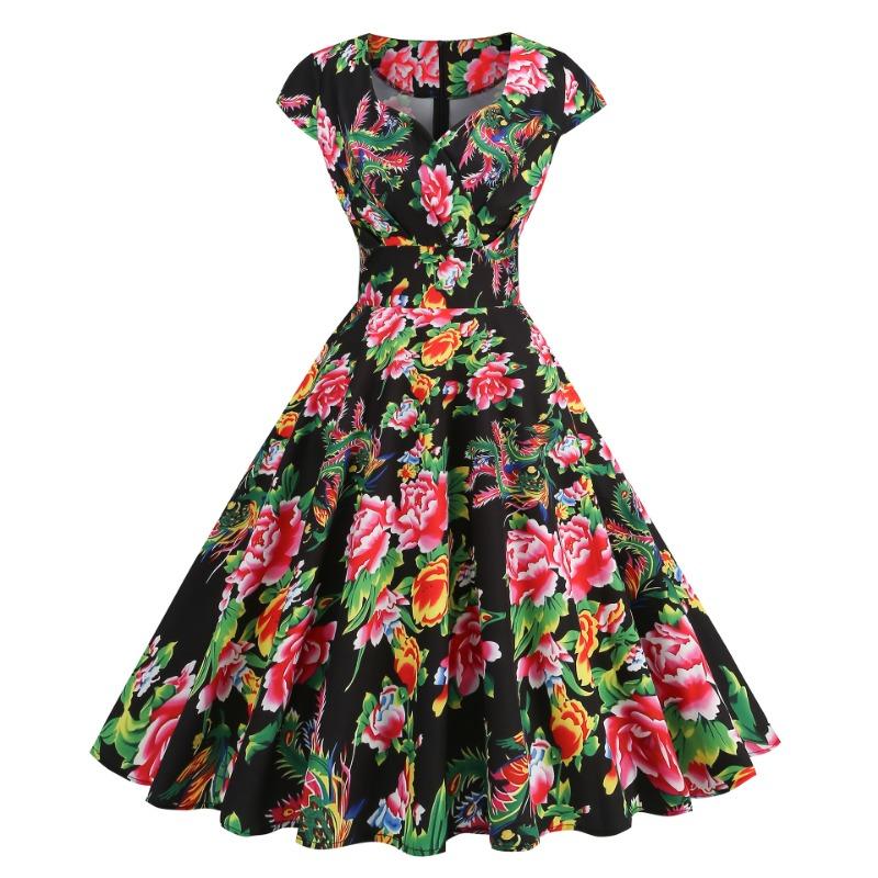 Women's Vintage Summer V-Neck Short Sleeve Big Safflower Printed Pendulum Dress