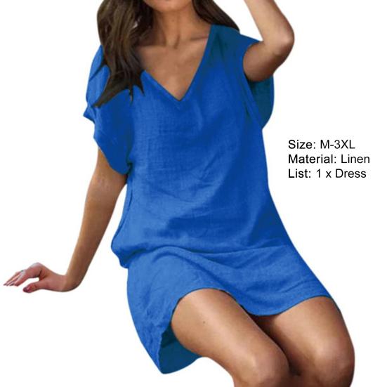V-neck Straight Loose Mini Dress Solid Color Short Sleeve Lady Dress Streetwear