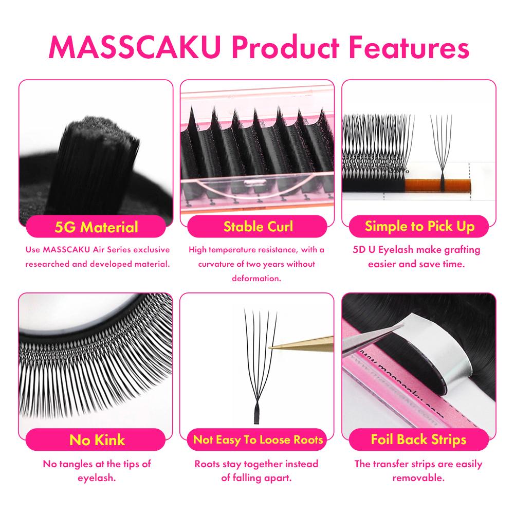 MASSCAKU U-förmige 4D 5D Wimpern 0,07 mm Dicke Leicht aufzunehmen Schnelles Anbringen Langanhaltende Extensions De Pestanas Make-up-Werkzeuge