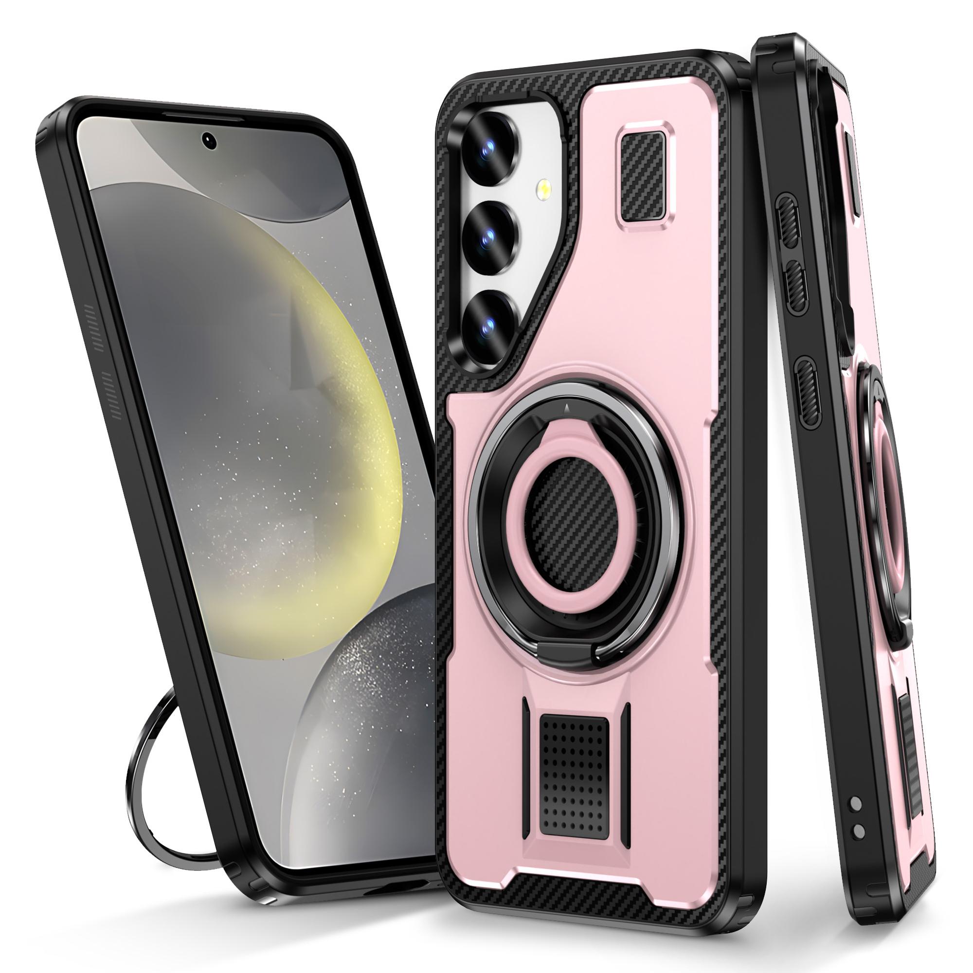 

For Samsung Galaxy S24 Case TPU+PC Kickstand Phone Cover with Silicone Finger Strap Rose Gold