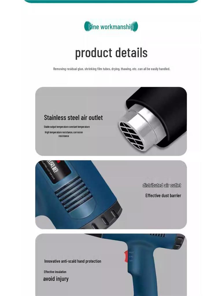 Industrial High-Power Hot Air Gun for Film Application, Seam Filling, Heat Shrink, and Hot Melt with Powerful Heating.