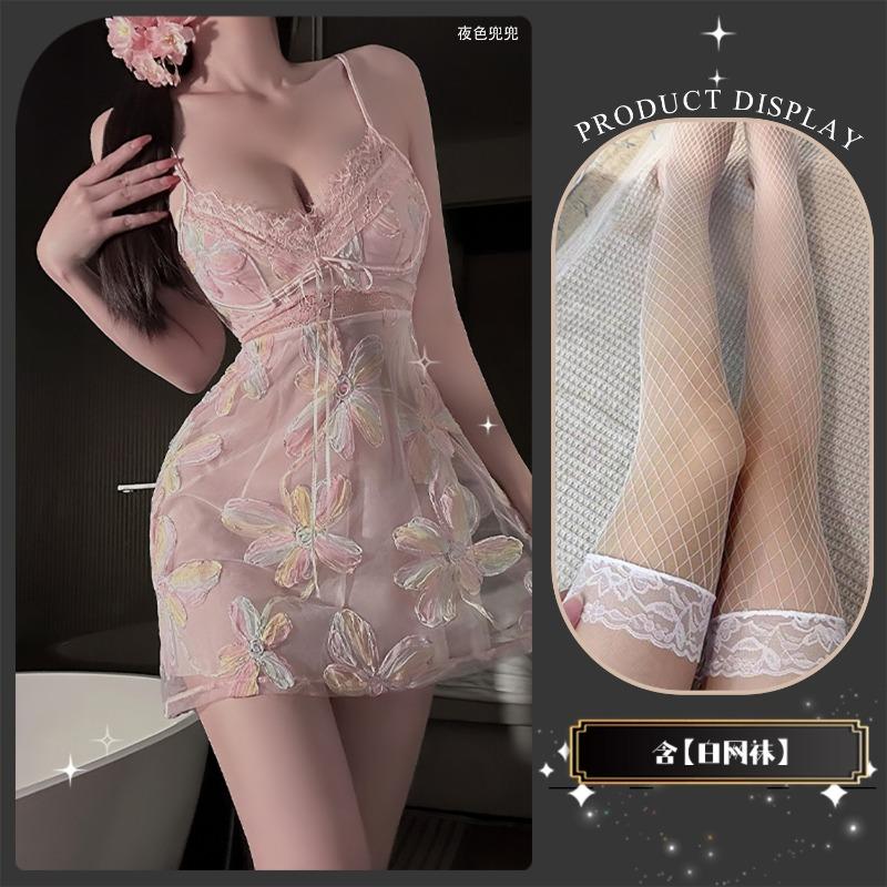 Sex Underwear Women's Lace Embroidery Embossed Flower Short Skirt Set Pure Sleeping Belt Panties Dress